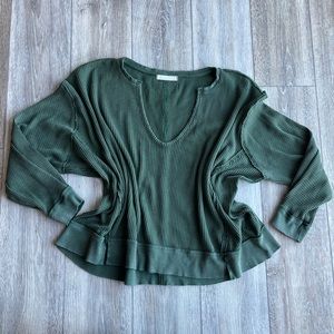 Free People Top Shirt Womens Medium Green Thermal Waffle Knit Oversized Casual